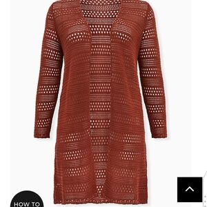 🆕 2X BRICK RED POINTELLE OPEN FRONT LONGLINE CARDIGAN